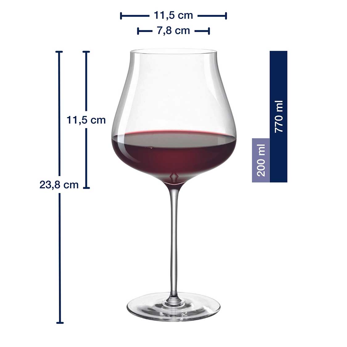 Burgunderglas BRUNELLI mit Rotwein gefüllt, Massangaben