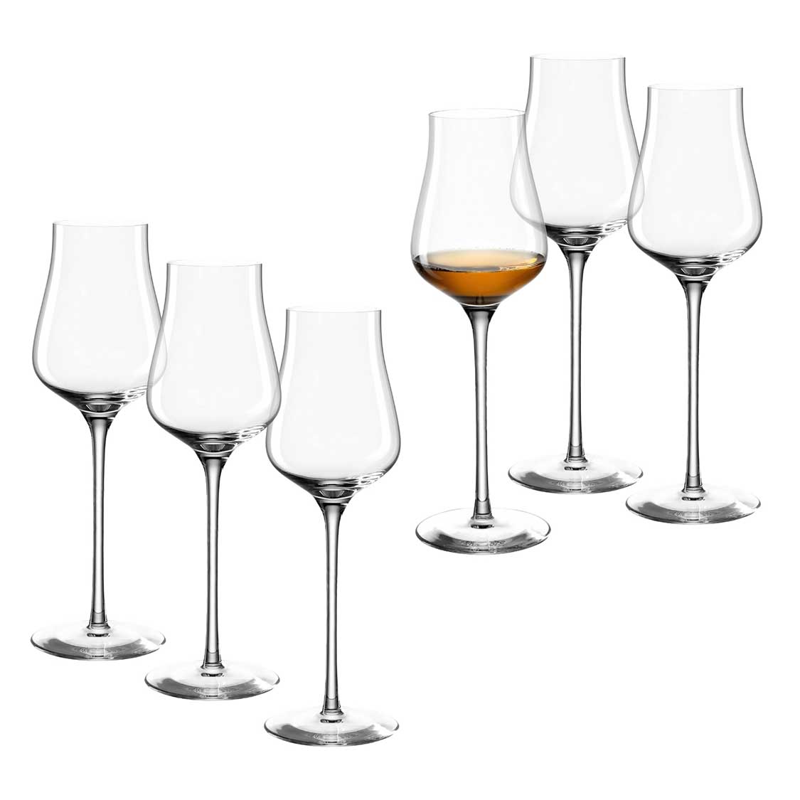 Sechs klare Grappagläser BRUNELLI, eines mit bernsteinfarbener Flüssigkeit gefüllt