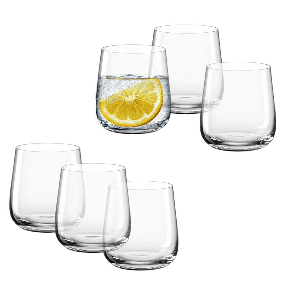 Trinkglas BRUNELLI 400 ml 6er-Set, eines mit Zitronenscheibe und Wasser gefüllt