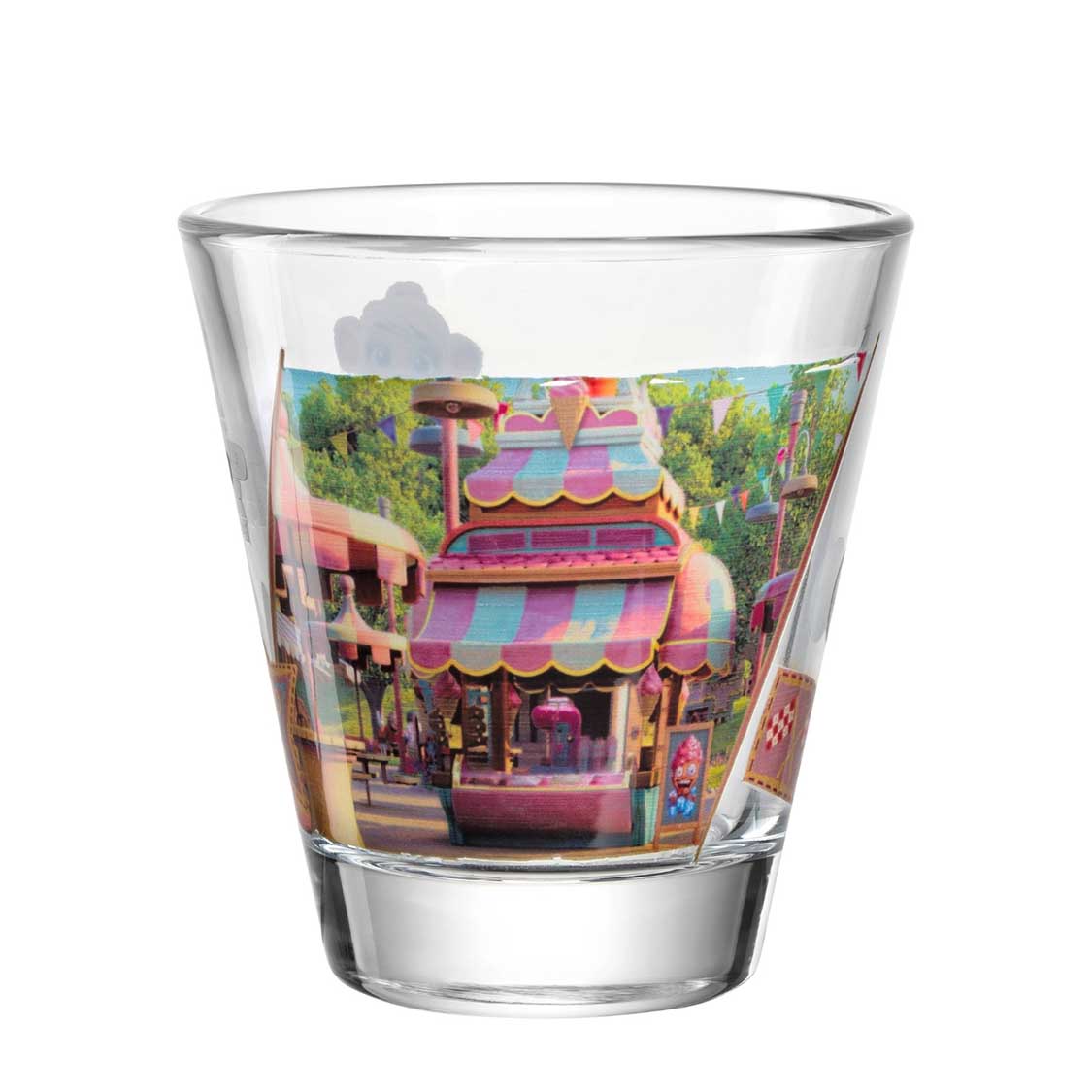 Trinkglas mit buntem Druck eines rosa-farbenen Marktbudes und Parklandschaft