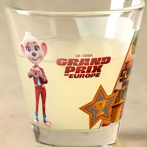 Trinkglas Europa-Park Edda Grand Prix mit Cartoon-Charakter und Motiv-Druck