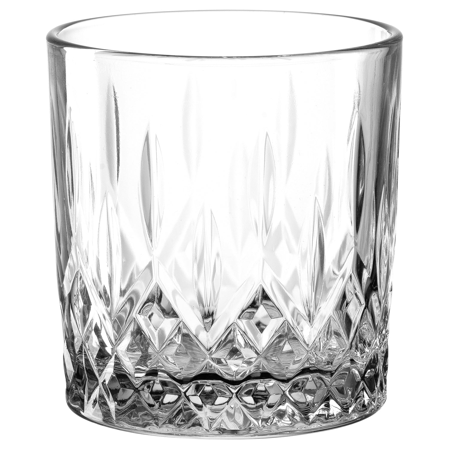 Klares Trinkglas mit geometrischem Kristallschliff-Muster