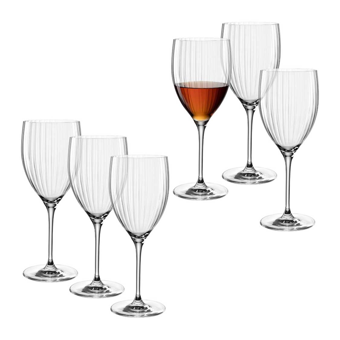 Rotweinglas POESIA 600 ml 6er-Set, eines gefüllt mit Rotwein, fünf leer