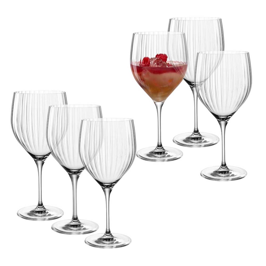 Cocktailglas POESIA 750 ml 6er-Set, vier leere und zwei gefüllte Gläser mit Getränk und Beeren