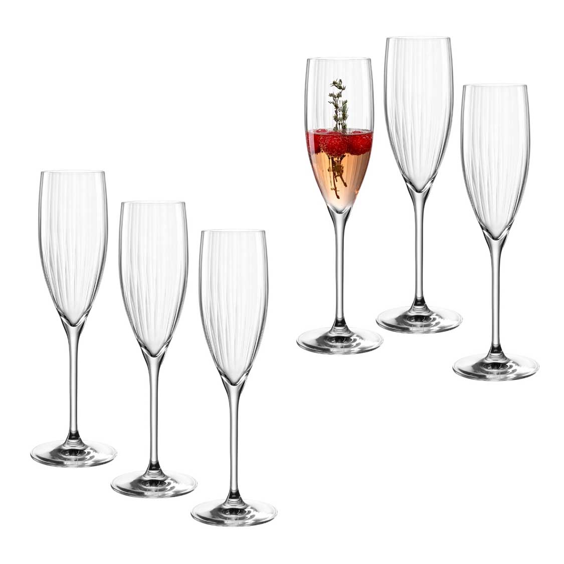 Sektglas POESIA 250 ml 6er-Set, eines gefüllt mit rotem Getränk und Pflanze