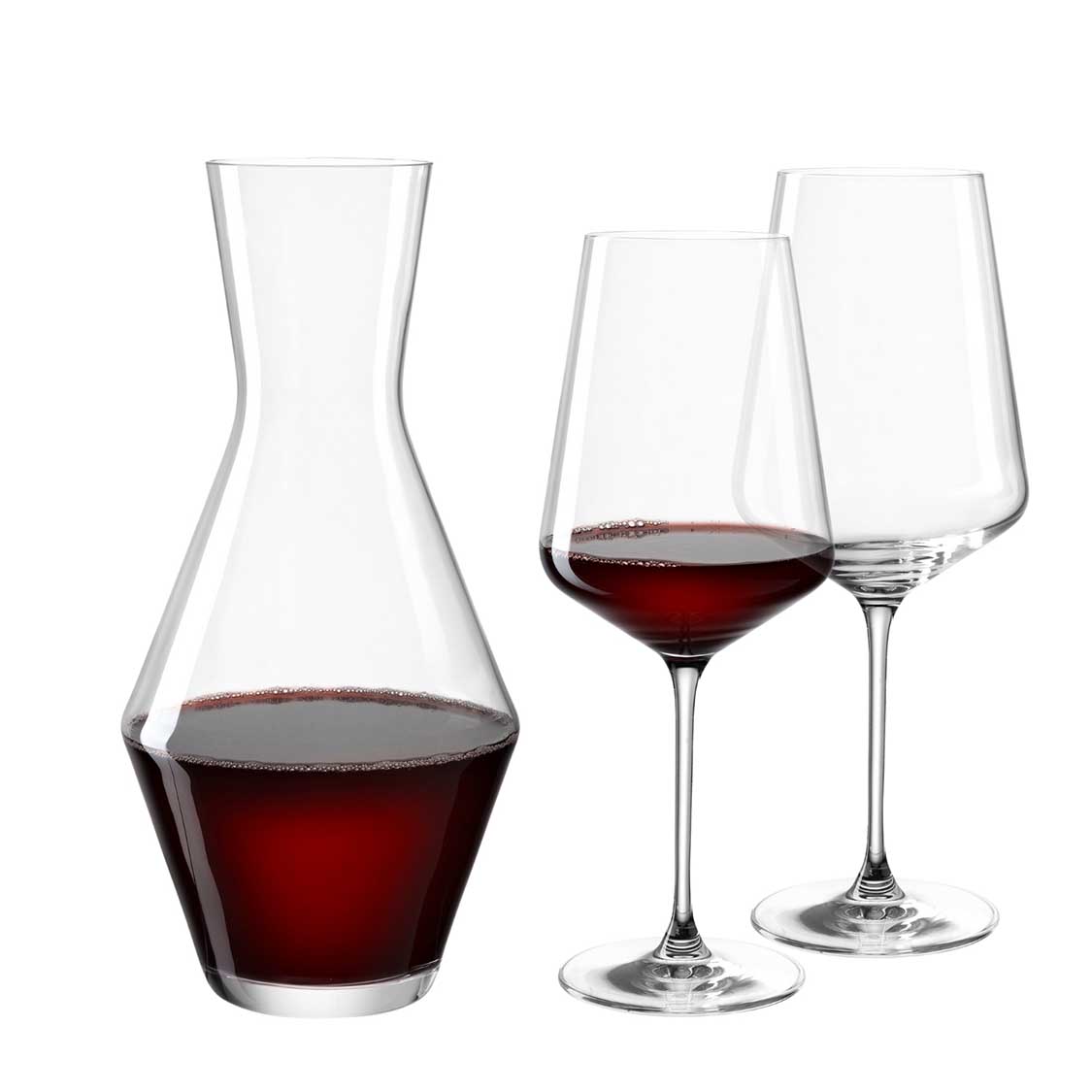 Weinset PUCCINI 3-teilig mit Karaffe und zwei Weinglaesern, gefuellt mit Rotwein