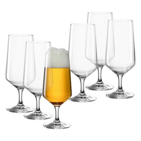 Bierglas PUCCINI 410 ml 6er-Set, eines gefüllt mit Bier, fünf leer arrangiert