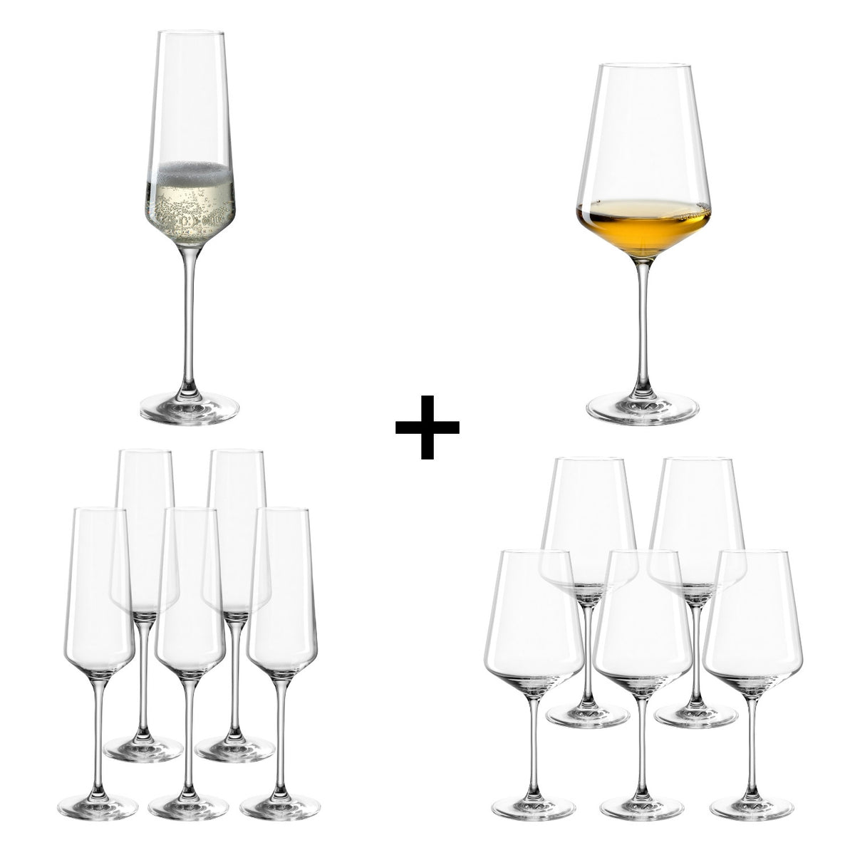PUCCINI Sektglas & Weißweinglas 12er-Set, einzelne Gläser mit Inhalt und Gruppenansicht