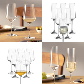 PUCCINI Sektglas und Weißweinglas, gefüllt und leer, auf Holztisch