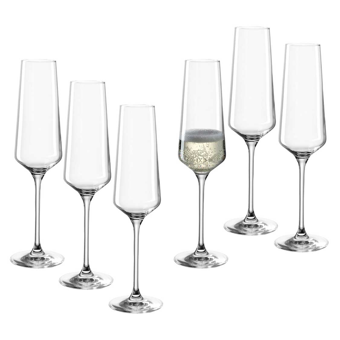 Sektglas PUCCINI 280 ml 6er-Set, eines gefüllt mit Champagner, fünf leer