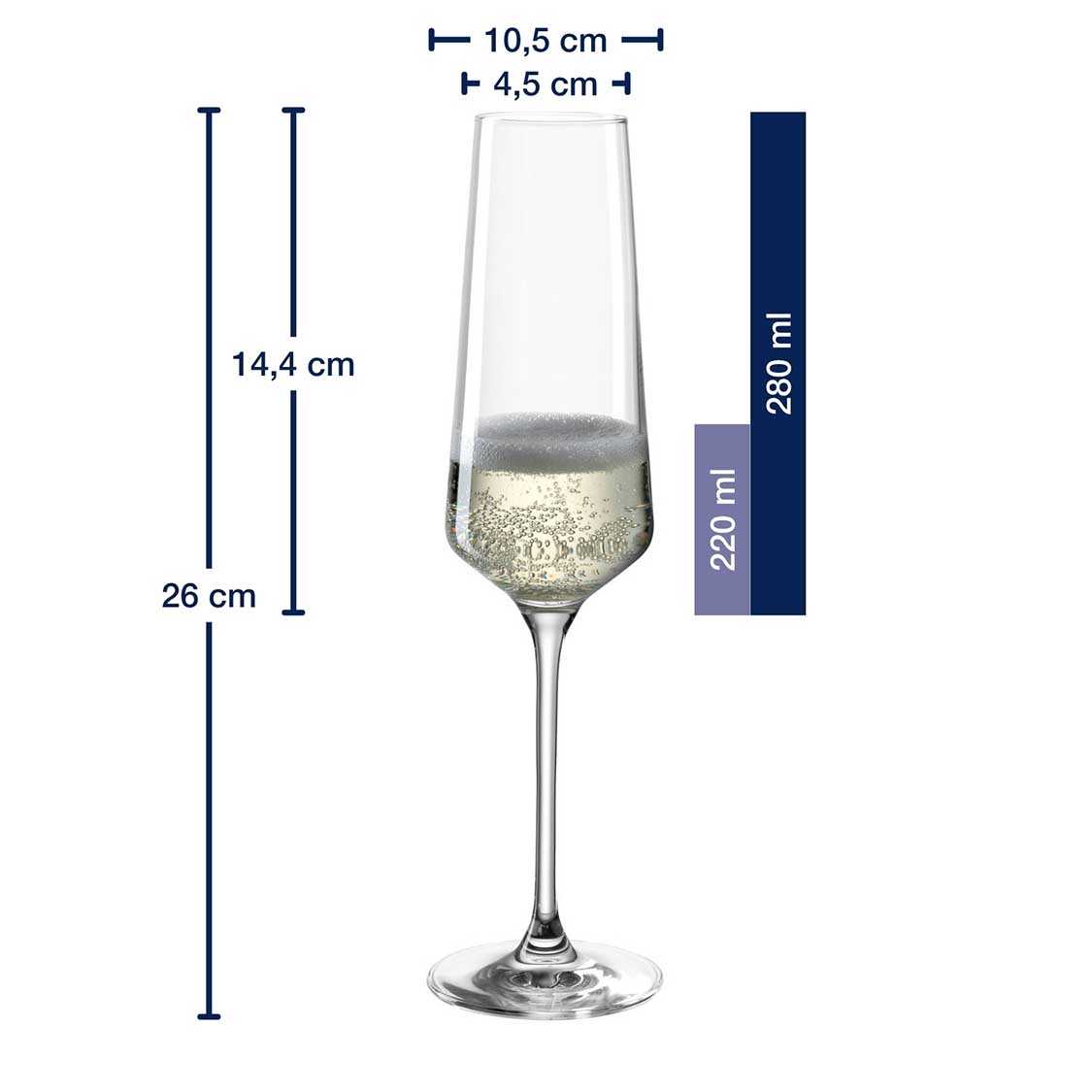 Messangaben zum Sektglas PUCCINI 280 ml mit gefülltem Glas