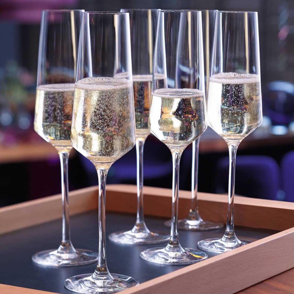 Sektglas PUCCINI 280 ml 6er-Set mit Sekt gefüllt auf Holztablett