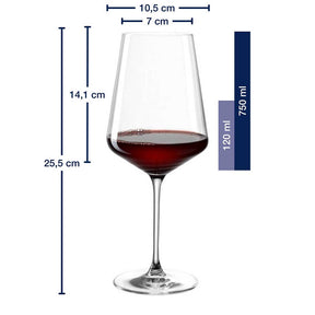 Massangaben zu PUCCINI Rotweinglas 750 ml & Weißweinglas 560 ml 12er-Set mit gefülltem Rotweinglas