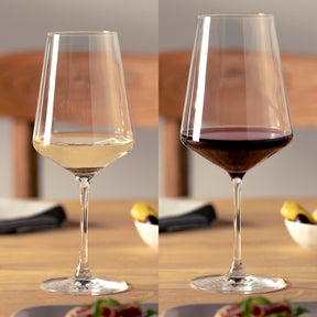 PUCCINI Rotweinglas mit Rotwein und Weißweinglas mit Weißwein nebeneinander auf Holztisch