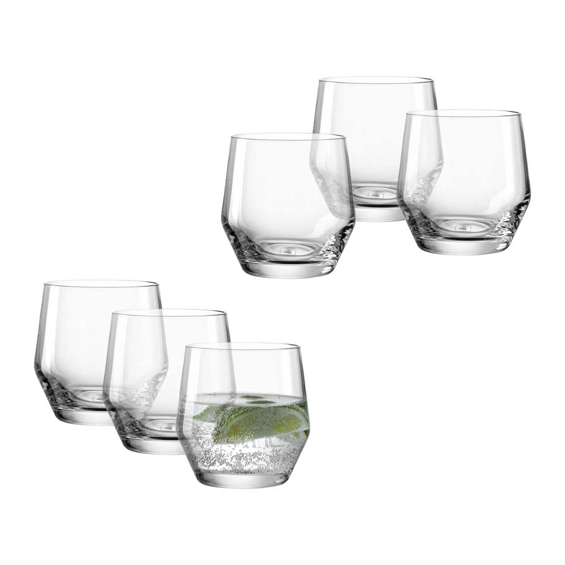 Trinkglas PUCCINI 310 ml 6er-Set, eines gefüllt mit Wasser und Minzblatt
