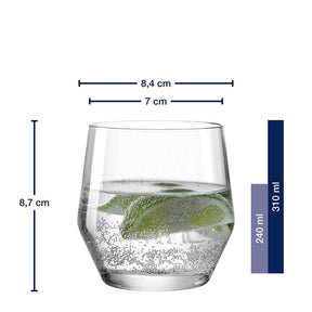 Trinkglas PUCCINI 310 ml mit Massangaben, gefüllt mit Wasser und Limette
