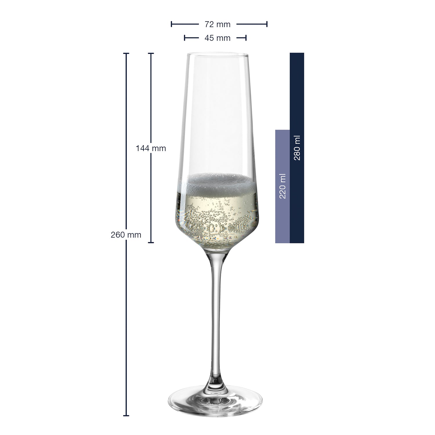 Sektglas PUCCINI mit Champagner gefüllt, Massangaben und Verpackung
