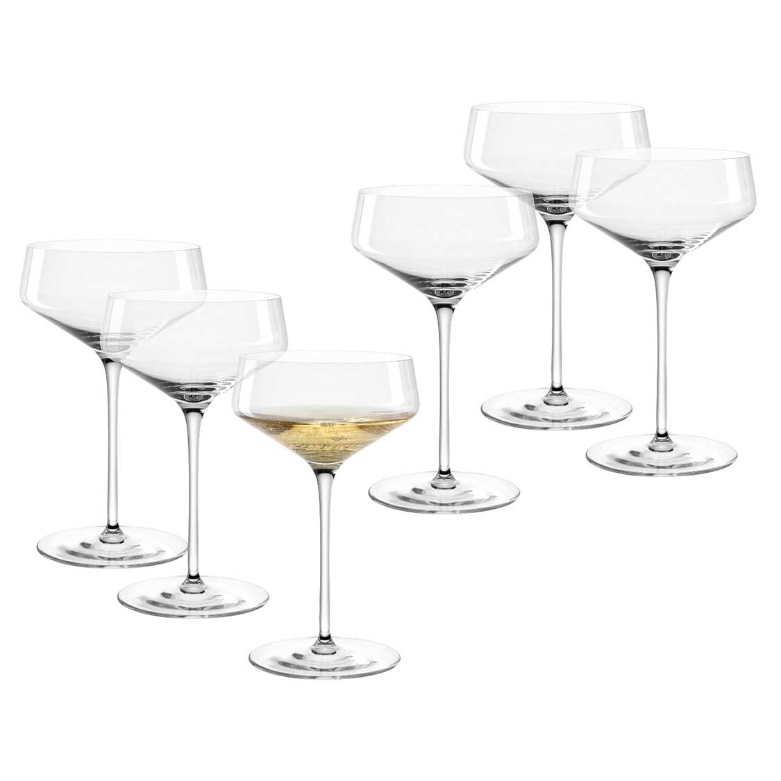 Champagnerschale PUCCINI 350 ml 6er-Set, eine mit Weißwein gefüllt, Anordnung vor weißem Hintergrund
