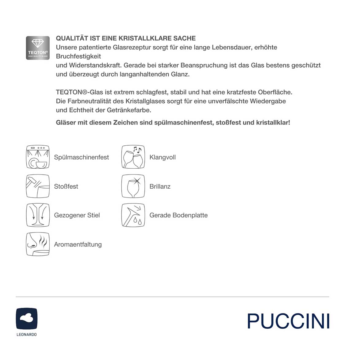 Produktinformationen und Pflegeanleitung zur Champagnerschale PUCCINI mit Symbolen
