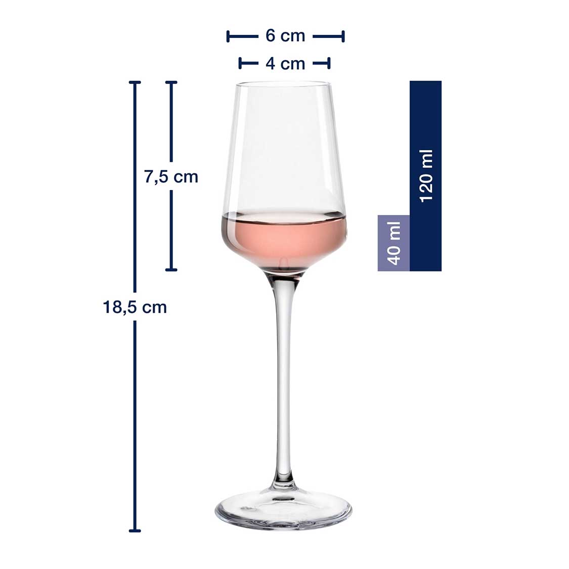 Massangaben zu Grappaglas PUCCINI 120 ml mit Rosé-Wein gefüllt