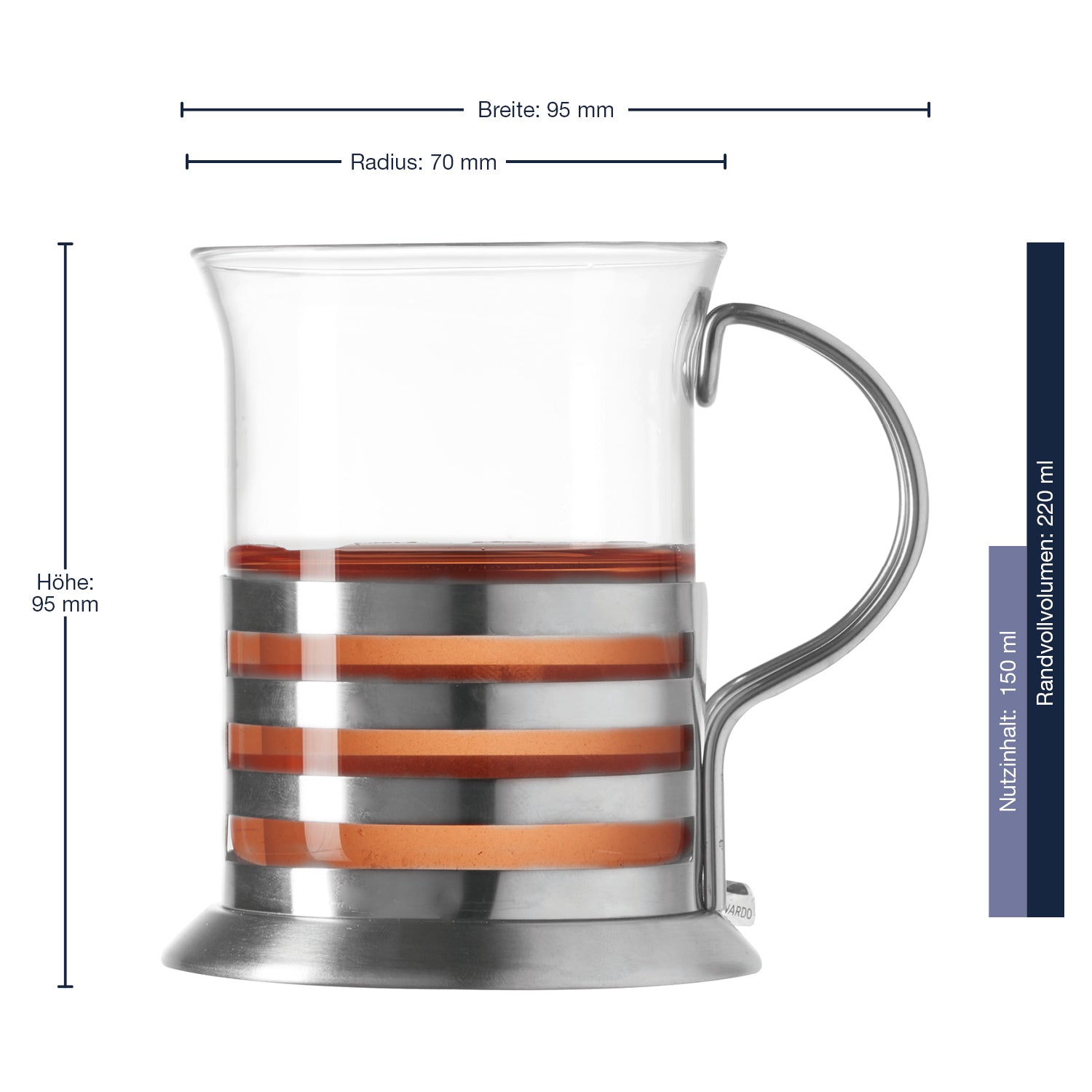 Teeglas BALANCE mit Metallhalter und Massangaben