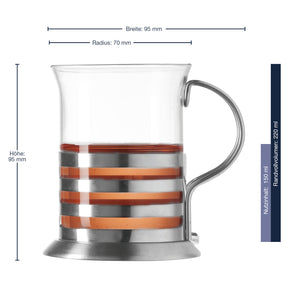 Teeglas BALANCE mit Metallhalter und Massangaben