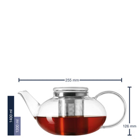 Teekanne MOON 1,2 l mit rote Teeflüssigkeit und Massangaben