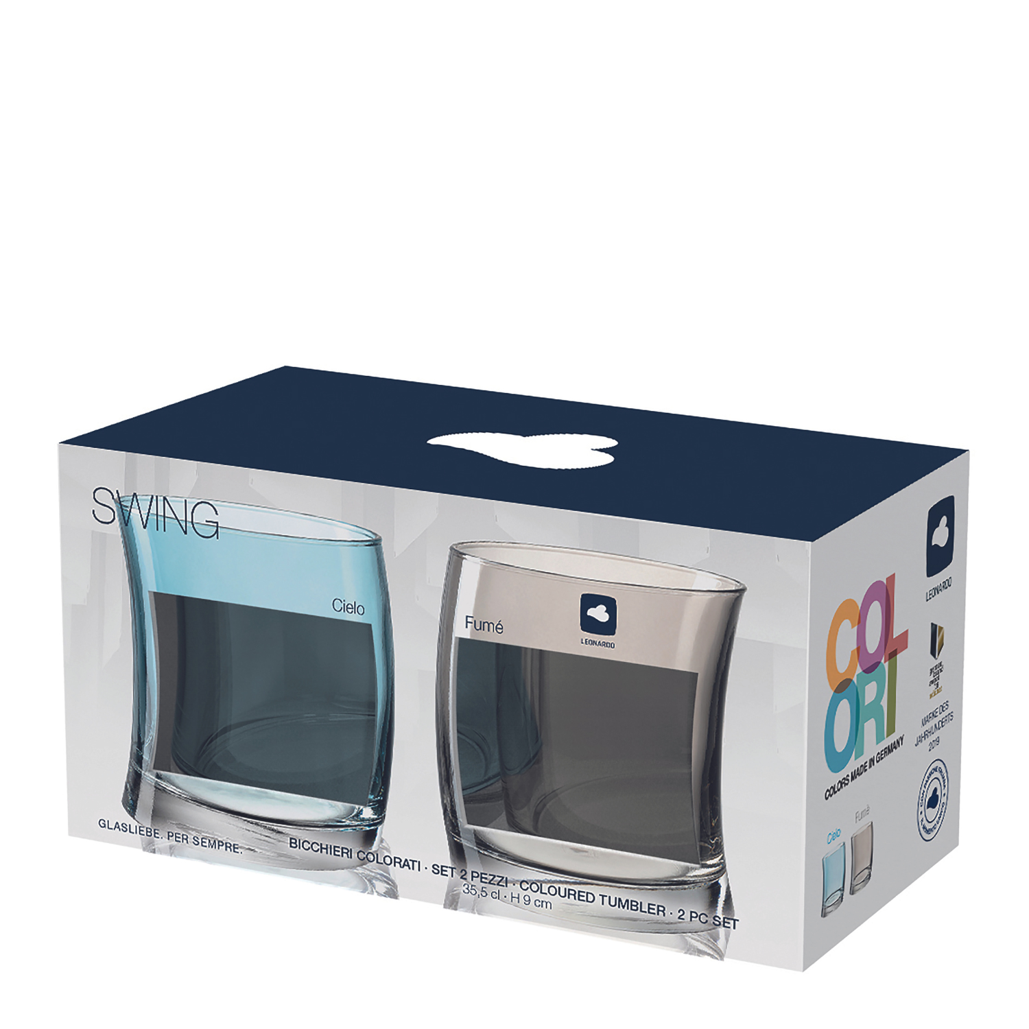Trinkglas SWING 2er-Set in Originalverpackung mit Produktabbildung
