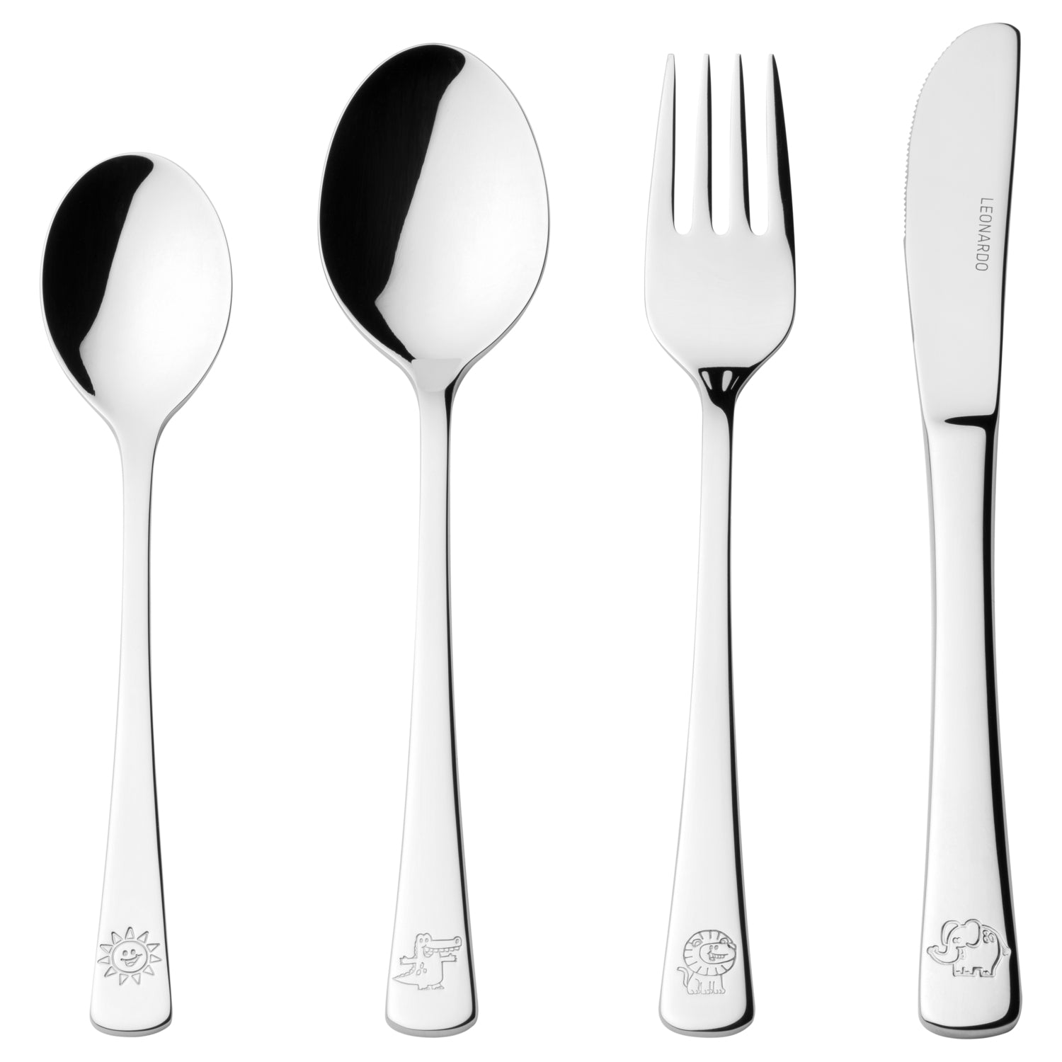 Kinderbesteck BAMBINI 4-teilig silber mit Tiergravuren auf weißem Hintergrund