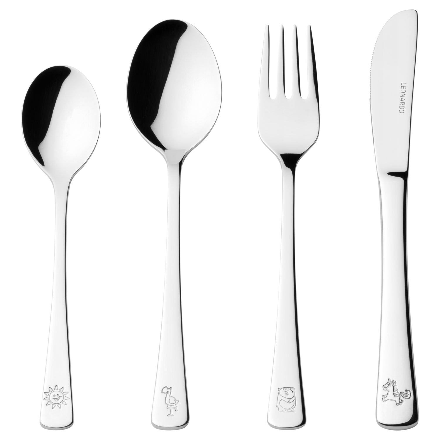 Kinderbesteck BAMBINI 4-teilig silber mit Tiermotiven auf den Griffen