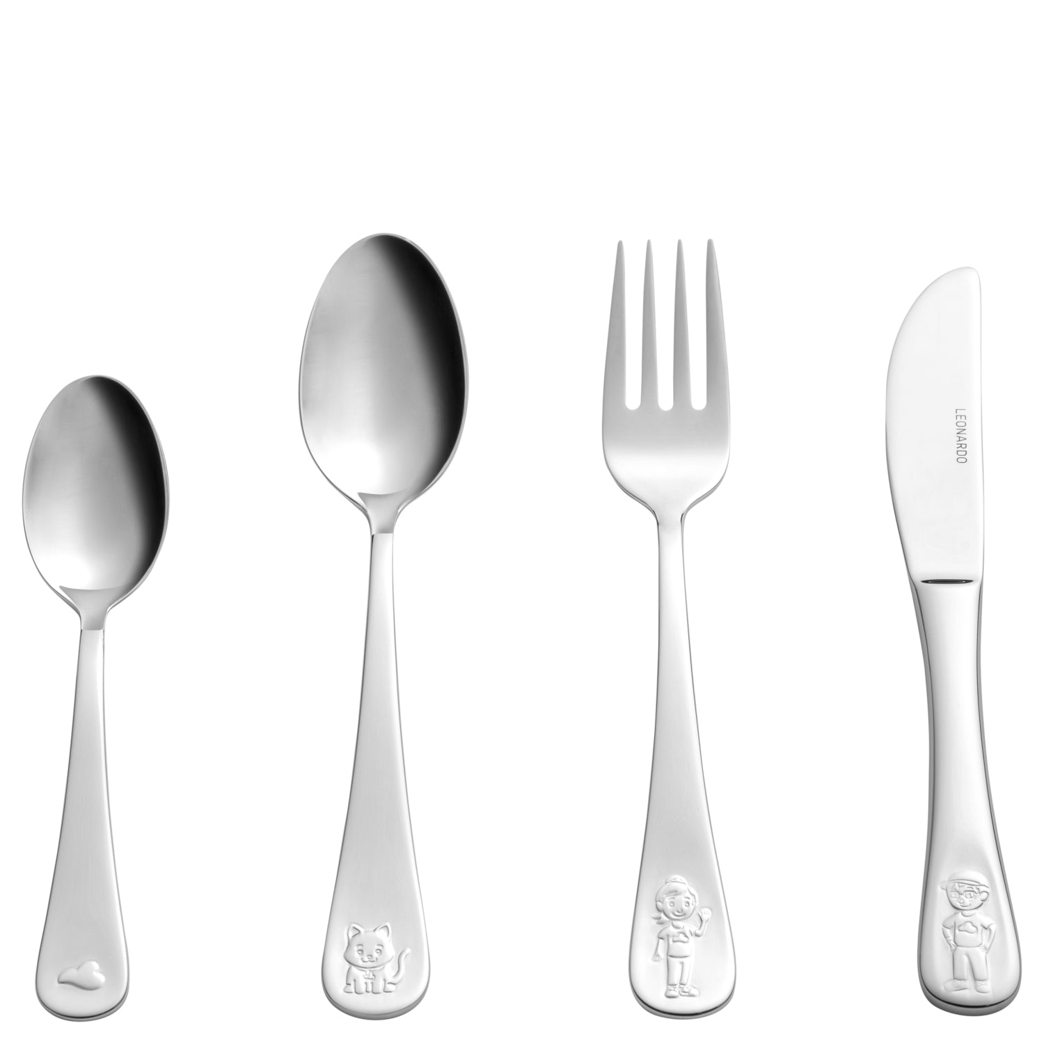 Kinderbesteck BAMBINI AVVENTURA silber 4-teilig mit Tiermotiven auf den Griffen