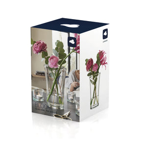 Glasvase BLOOM mit rosa Blüten in Wohnraum, Produktverpackung
