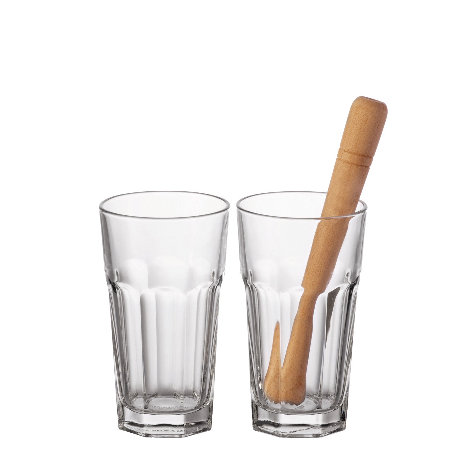 Zwei klare Longdrinkgläser BAR 540 ml, eines mit Holzstößel