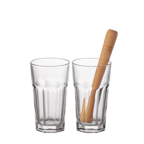 Zwei klare Longdrinkgläser BAR 540 ml, eines mit Holzstößel