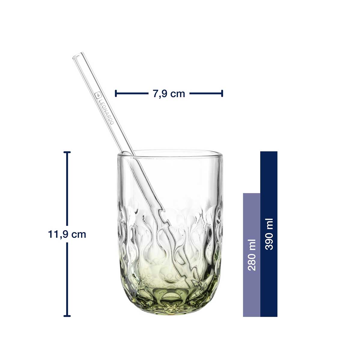 Massangaben zu Matcha Latte Gläser GOCCE mit Glastrinkhalm, Glas mit Trinkhalm und Volumenangaben