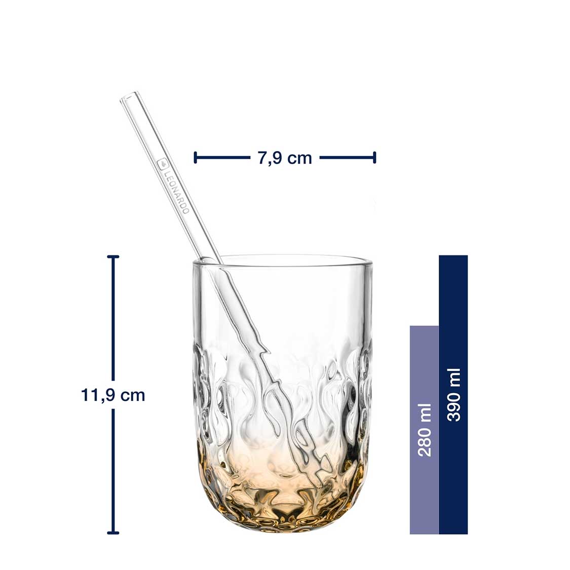 Massangaben zu Caramel Macchiato Gläser GOCCE mit Glastrinkhalm 4-teilig