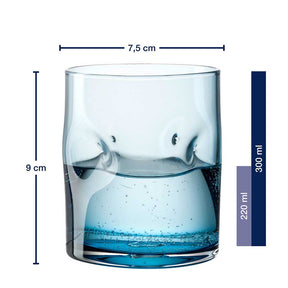 Trinkglas VESUVIO 300 ml mit Wasser gefüllt, Massangaben und Farbskala