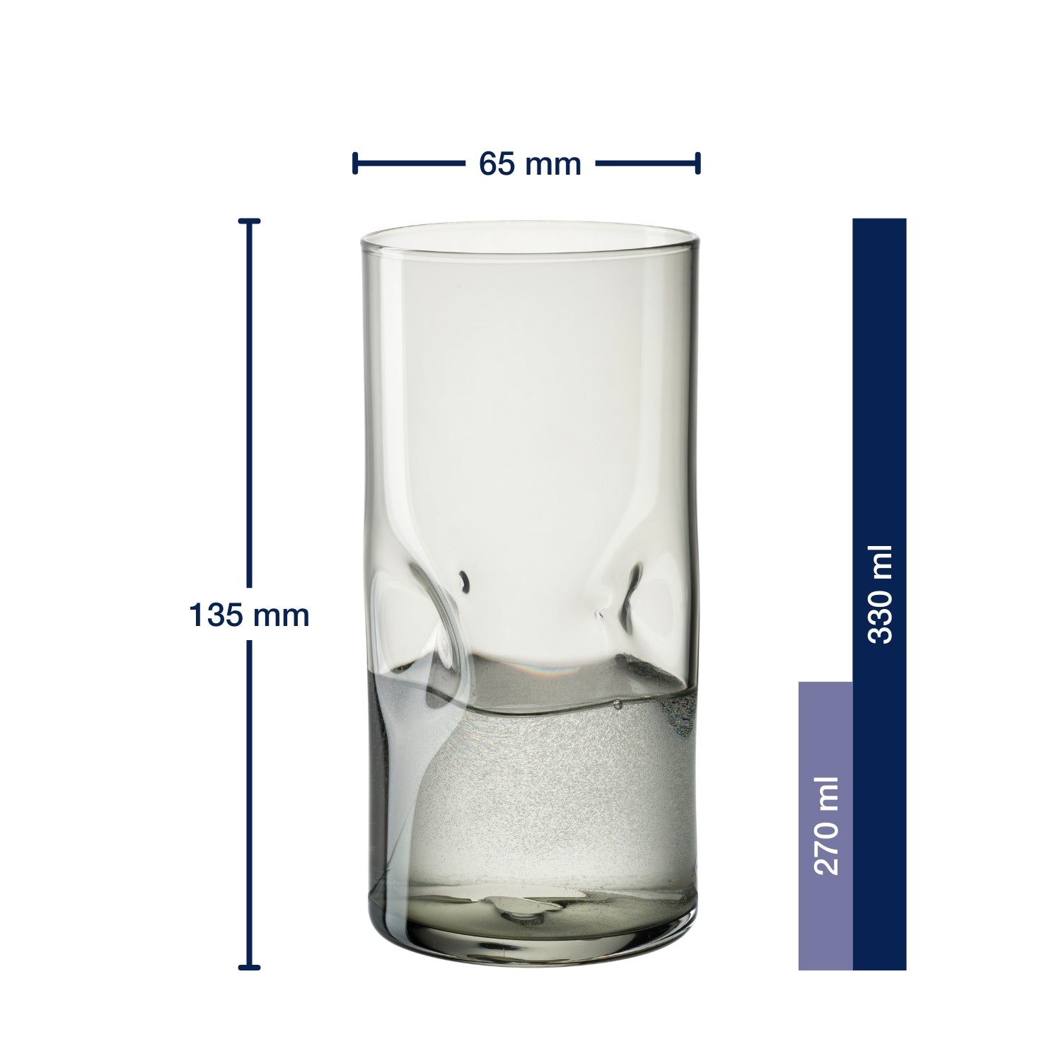 Massangaben zu Trinkglas VESUVIO 330 ml grau mit Durchmesser und Höhe