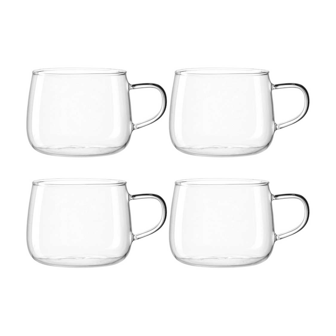 Vier transparente Teetassen Tèperté 450ml im 4er-Set, nebeneinander angeordnet