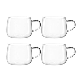 Vier transparente Teetassen Tèperté 450ml im 4er-Set, nebeneinander angeordnet