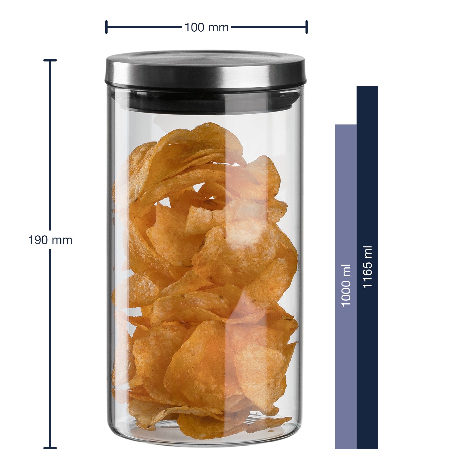 Massangaben zu Dose COMODO 1 l mit Kartoffelchips gefuellt