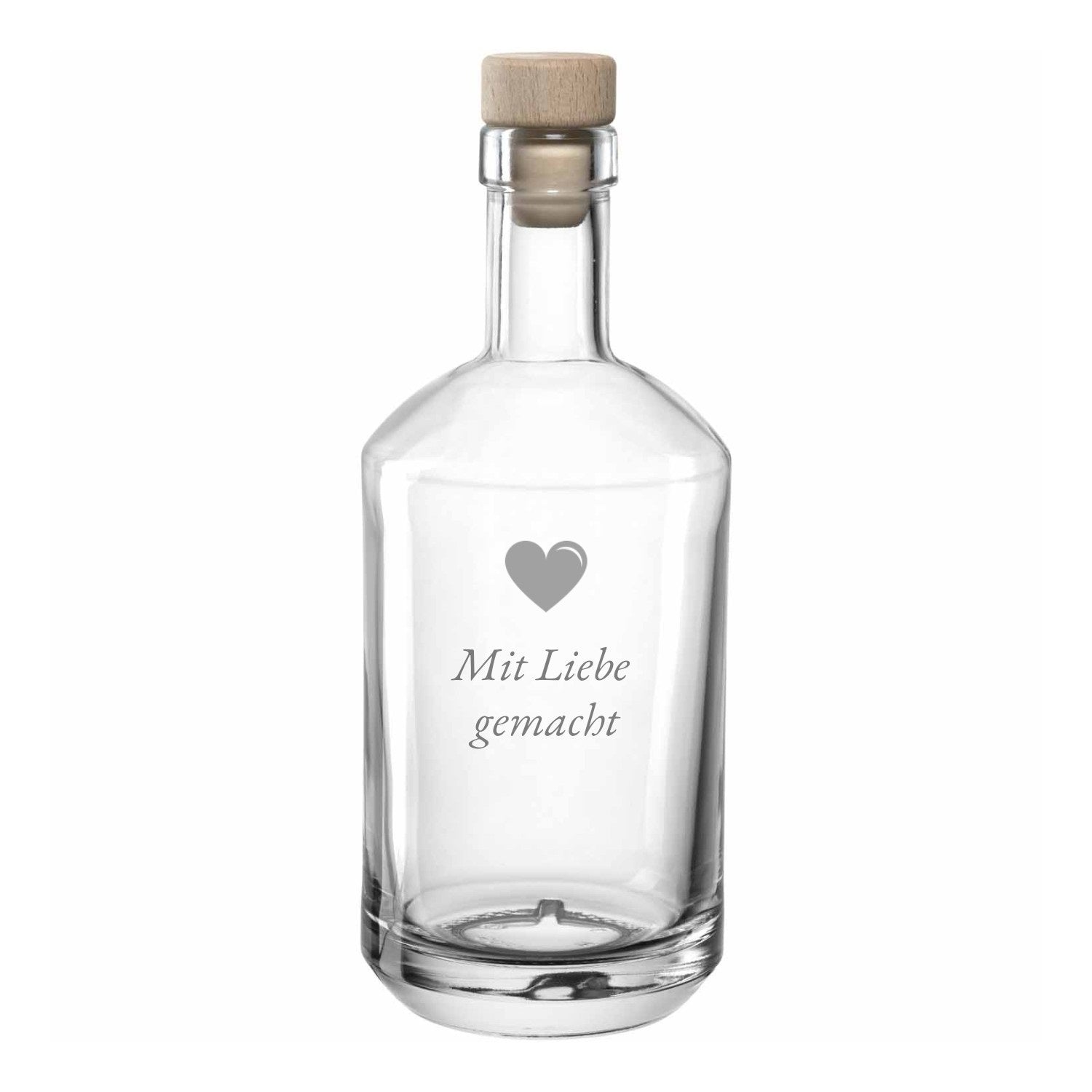 Klare Glasflasche DIABOLO mit Holzverschluss und Gravur "Mit Liebe gemacht