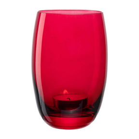 Rotes Glastischlicht CHEERS mit Teelicht im Inneren, freistehend vor weißem Hintergrund
