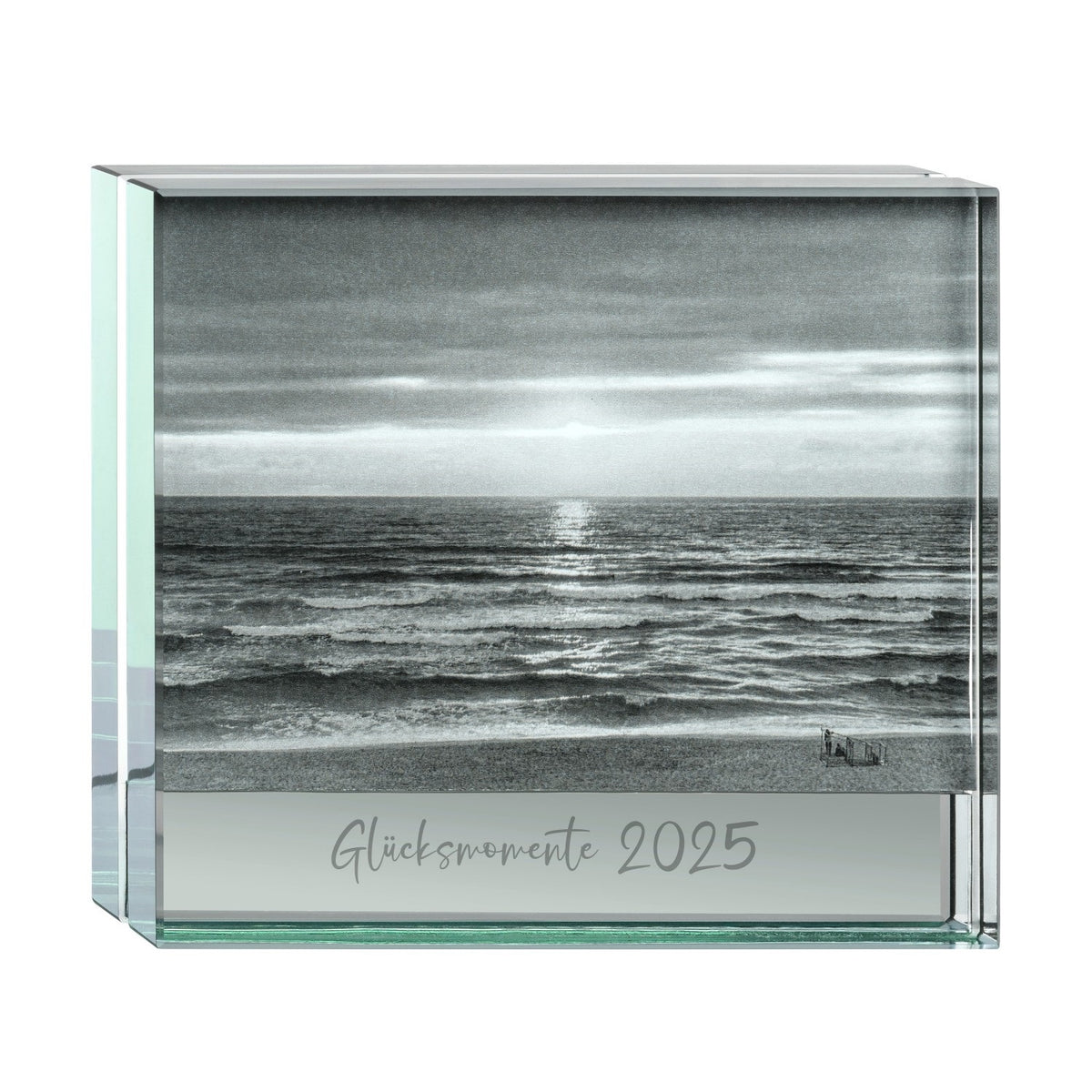 Glassrahmen LINEA mit Meeresfoto und Gravur "Glücksmomente 2025