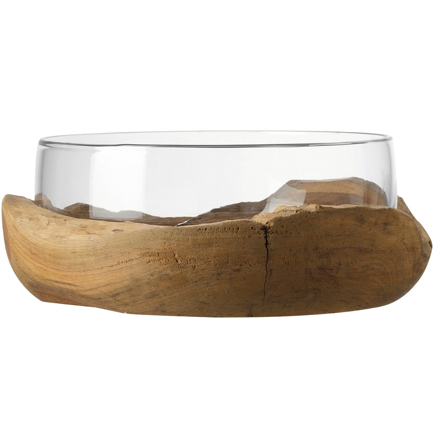 Schale TERRA 28 cm mit Teaksockel, Glasschale auf Holzsockel