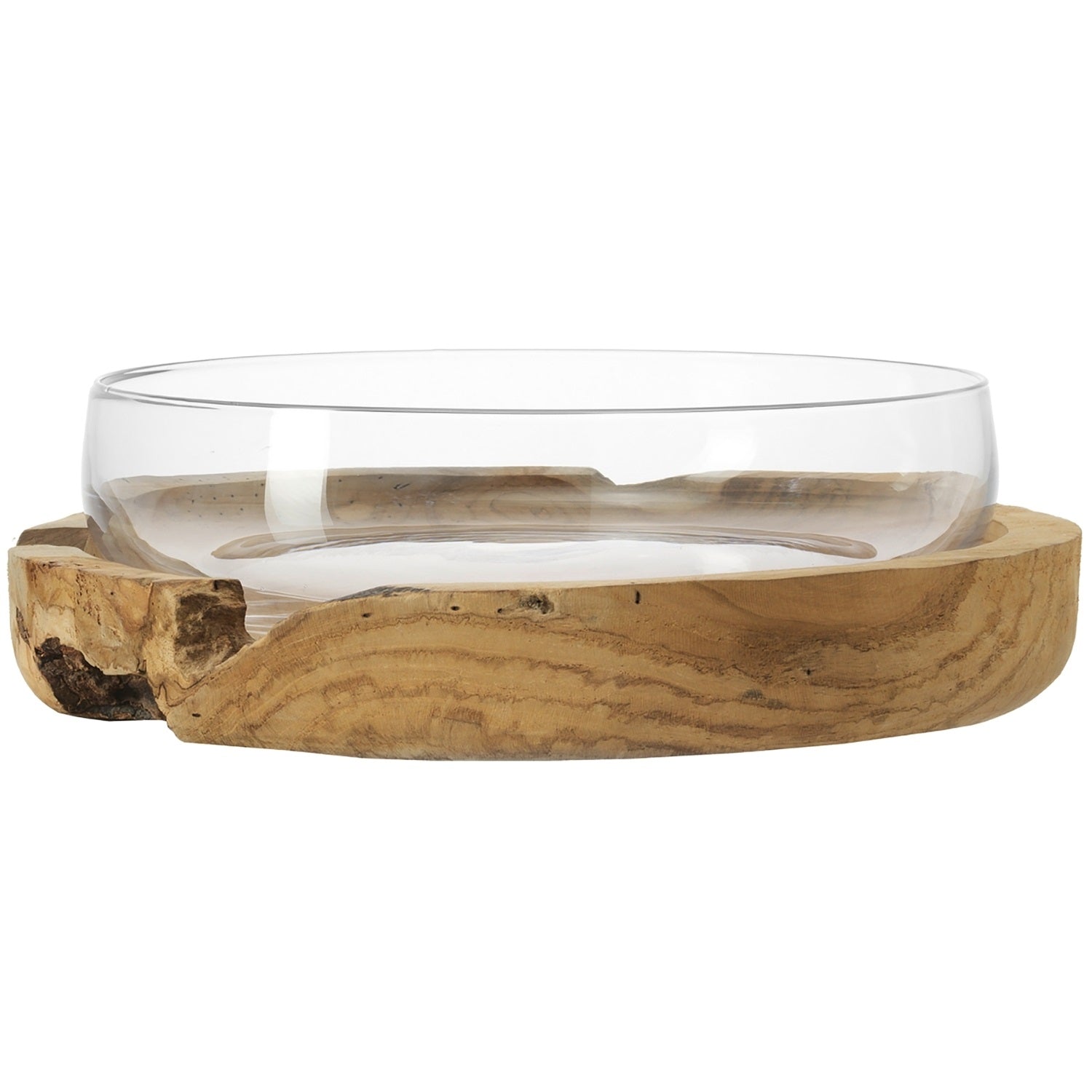 Schale TERRA mit Teaksockel, Glasschale auf Holzsockel