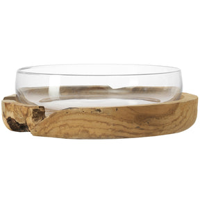 Schale TERRA mit Teaksockel, Glasschale auf Holzsockel
