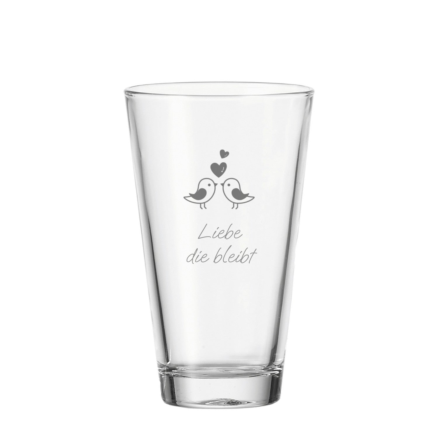 Trinkglas CIAO mit Gravur zweier Vögel und Herzen sowie Text "Liebe die bleibt
