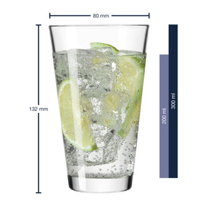 Messangaben zum Trinkglas CIAO 300 ml mit Limettenscheiben und Eiswürfeln gefüllt