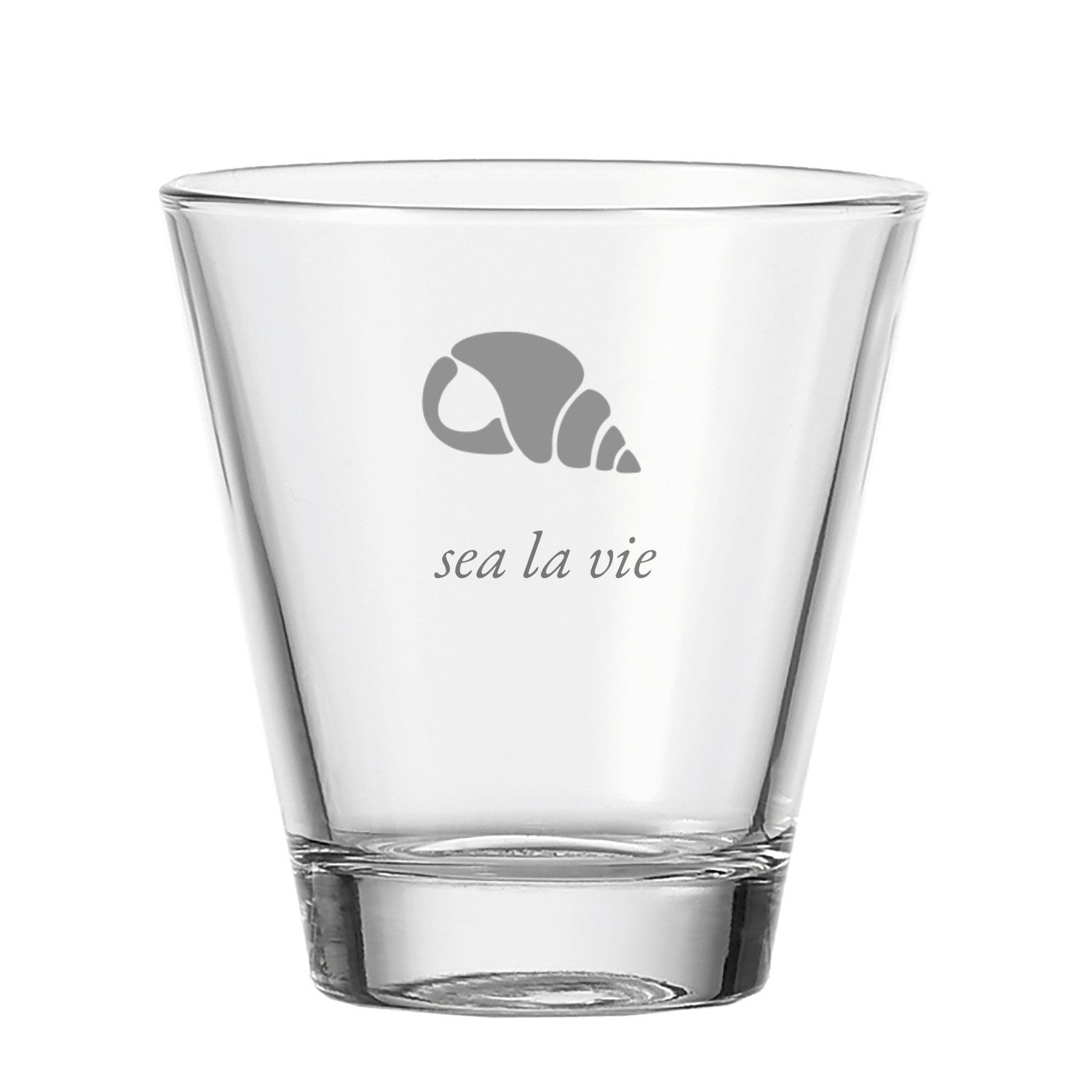 Trinkglas CIAO mit graviertem Muschel-Logo und Schriftzug "sea la vie